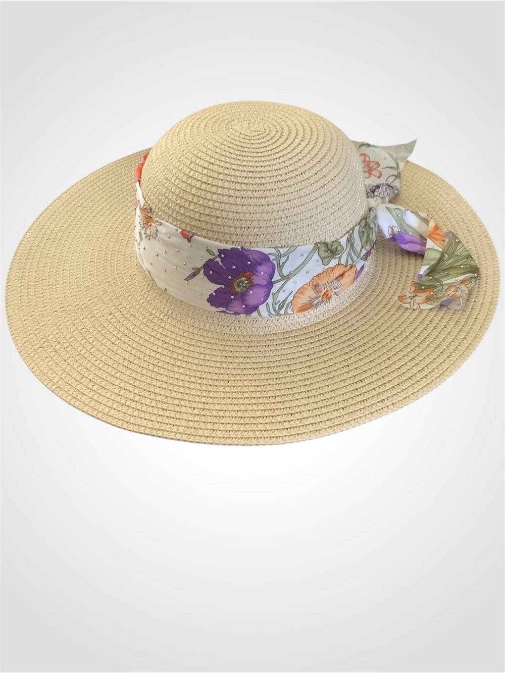 Adrienne Vittadini Beige Straw Sun Hat with Sparkly Floral Scarf